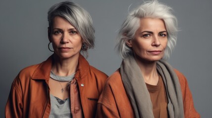 Wall Mural - Two senior women with somber expressions, featuring varying skin tones, stylish grey hair, and neutral outfits, in a studio backdrop. Generative AI