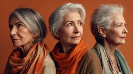 Wall Mural - An image in profile of enraged elderly ladies, each with unique skin tones, stylish grey hair, and neutral clothing, in a studio setting. Generative AI