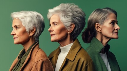 Wall Mural - A side view picture of senior women in anger, featuring various skin tones, stylish grey hair, and neutral attire, taken in a studio. Generative AI