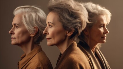 Wall Mural - An image in profile of enraged elderly ladies, each with unique skin tones, stylish grey hair, and neutral clothing, in a studio setting. Generative AI