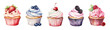 Set of watercolor cupcakes with berries isolated on white background.