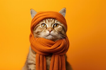 Sticker - Cute Cat Dressed in a Fall/ Autumn Scarf and Hat on an Orange Background with Space for Copy