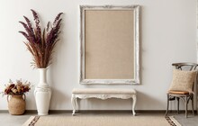 Ornate Frame With Beige Matting On A White Wall, With A White Bench And Plants