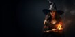 Portrait of sexy beautiful scary woman wear gothic witch costume and hat isolated on dark background with copy space, idea of Halloween party.