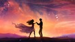 Silhouette of a romantic couple dancing in twilight under starry sky, happy anniversary wallpaper with copy space for text