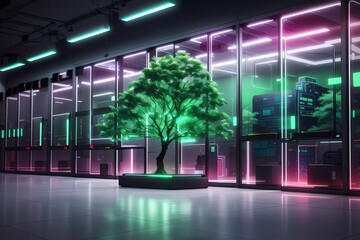 AI illustration of beautiful glowing tree growing on cities representing digital technology