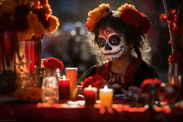 Aufkleber - girl with a painted face and a wide-brimmed hat for the Day of the Dead holiday in Mexico.