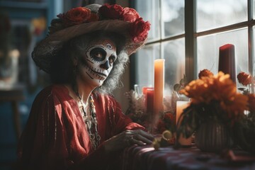 Poster - girl with a painted face and a wide-brimmed hat for the Day of the Dead holiday in Mexico.