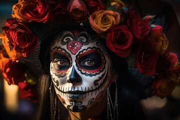 Poster - girl with a painted face and a wide-brimmed hat for the Day of the Dead holiday in Mexico.