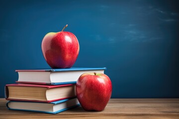Poster - Textbooks with apples on the table on the background of a blue wall.