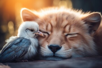 Poster - The cat sleeps with the chick.