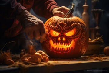 Poster - a man holding a scary pumpkin for Halloween.