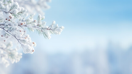 Wall Mural - Idyllic winter scene background with snowy fir tree. Branches covered with hoarfrost