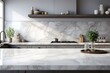 Close-up Marble granite kitchen counter island for product display on modern bright and clean kitchen space. 3d rendering, 3d illustration