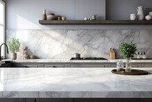 Close-up Marble Granite Kitchen Counter Island For Product Display On Modern Bright And Clean Kitchen Space. 3d Rendering, 3d Illustration