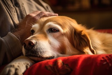Poster - Hand stroking the dog close-up.