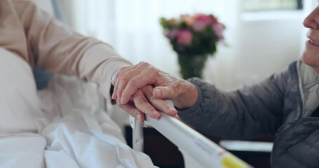 Wall Mural - Sick, couple or senior patient, crying partner and man ill from cancer, healthcare problem on hospital bed. Hands, medical crisis or sad old woman grief over family, person or husband at a hospice