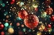 Merry Christams with red-golden decoration balls and bokeh lights
