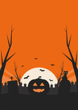 Halloween Background Poster Template With Full Moon,  Smiling Pumpkin, Bats, And Cat Sitting On Gravestone