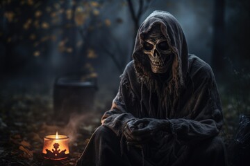 Poster - Death sits in the park with a candle.