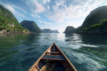 POV Wooden Boat. Sailing In A Boat Through The Vietnam Sea. View From The Boat At Vietnam Bay , With A Dense Forest On The Shore And Blue Sky. Generative AI