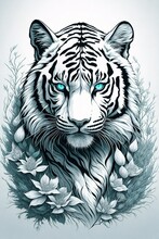 A Detailed Illustration Of Vintage Tiger Head, Flowers Splash, Print, T-shirt Design.