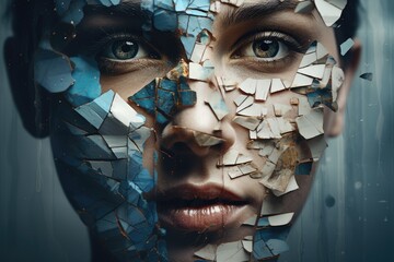 Sticker - Portrait of a girl with cracked tiles on her face.