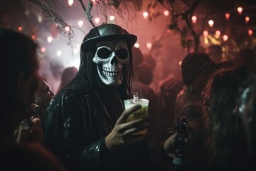 Poster - a man in a skeleton costume on Halloween.