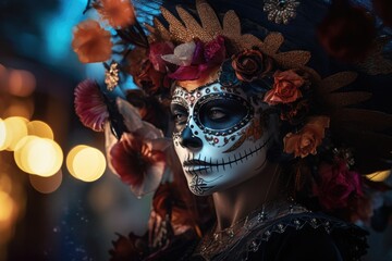 Poster - girl with a painted face and a wide-brimmed hat for the Day of the Dead holiday in Mexico.