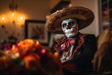 Poster - a man with a painted face and a wide-brimmed hat for the Day of the Dead holiday in Mexico.