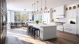 Fototapeta Pokój dzieciecy - Luxurious white kitchen and living room in a big house