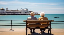 Old Couple Enjoying The British Seaside, Nan And Grandad Old Romance, Old Age, Generative Ai