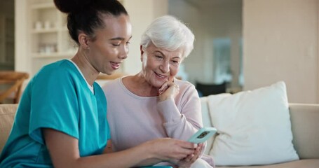 Poster - Home, senior woman and nurse on a couch, smartphone and typing with connection, network and social media. People, elderly person and caregiver on a sofa, cellphone and mobile app with online reading