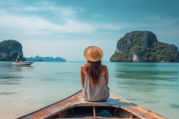 Woman travelling on the boat and enjoy her trip with ready to adventure. Happy travel woman on vacation concept. ai generative