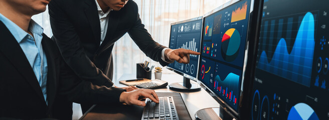 Poster - analyst working on data analysis or bi dashboard on computer monitor. business team analyzing financ