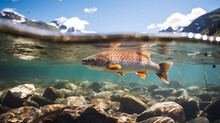 Fish Swims In A Transparent River. Generative AI