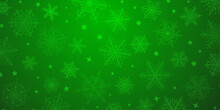 Christmas Background Of Beautiful Complex Snowflakes In Green Colors. Winter Illustration With Falling Snow