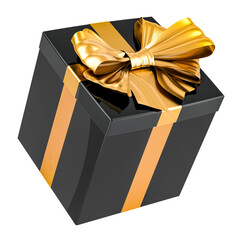Poster - black gift box with golden ribbon and bow. 3d rendering isolated on transparent background