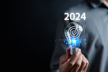 Poster - Aiming New year 2024 idea and creative smart planning to countdown merry christmas and happy new year, challenge strategy and motivation in new year 2024 Concept.