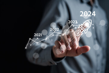 Aufkleber - Pointing Happy New year 2024 with chart graph and countdown merry christmas and happy new year, Planning and challenge strategy business in new year 2024 Concept.