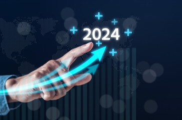 Aufkleber - Pointing Arrow up. Happy New year 2024 with chart graph and countdown merry christmas and happy new year, Planning and challenge strategy business in new year 2024 Concept.