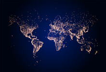 Earth Night Map. Vector Illustration Of Cities Lights From Space. Dark Map