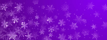 Christmas Background Of Beautiful Complex Big And Small Snowflakes In Purple Colors. Winter Illustration With Falling Snow