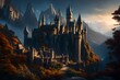 A mysterious castle with rustic charm on a mountain illuminated with lamps - AI Generative