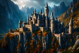 Fototapeta Fototapeta Londyn - A mysterious castle with rustic charm on a mountain illuminated with lamps - AI Generative