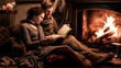 © Exuberation  - A couple sits in an oversized knit in front of a warm fireplace, enjoying a good book together.