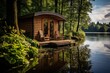 Calm and beautiful landscape with a small wooden hut with a jetty on a pine forest lake