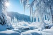 an ultra-realistic still-life composition of a frozen wilderness scene with icicles, frost-covered branches, and a serene snowy landscape - AI Generative