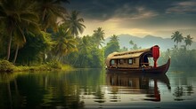 In India's Backwaters Of Kerala, A Traditional House Boat Is Moored At The Edge Of A Fishing Lake.