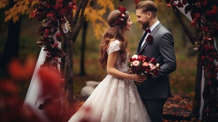 a rustic autumn wedding ceremony featuring the bride and groom